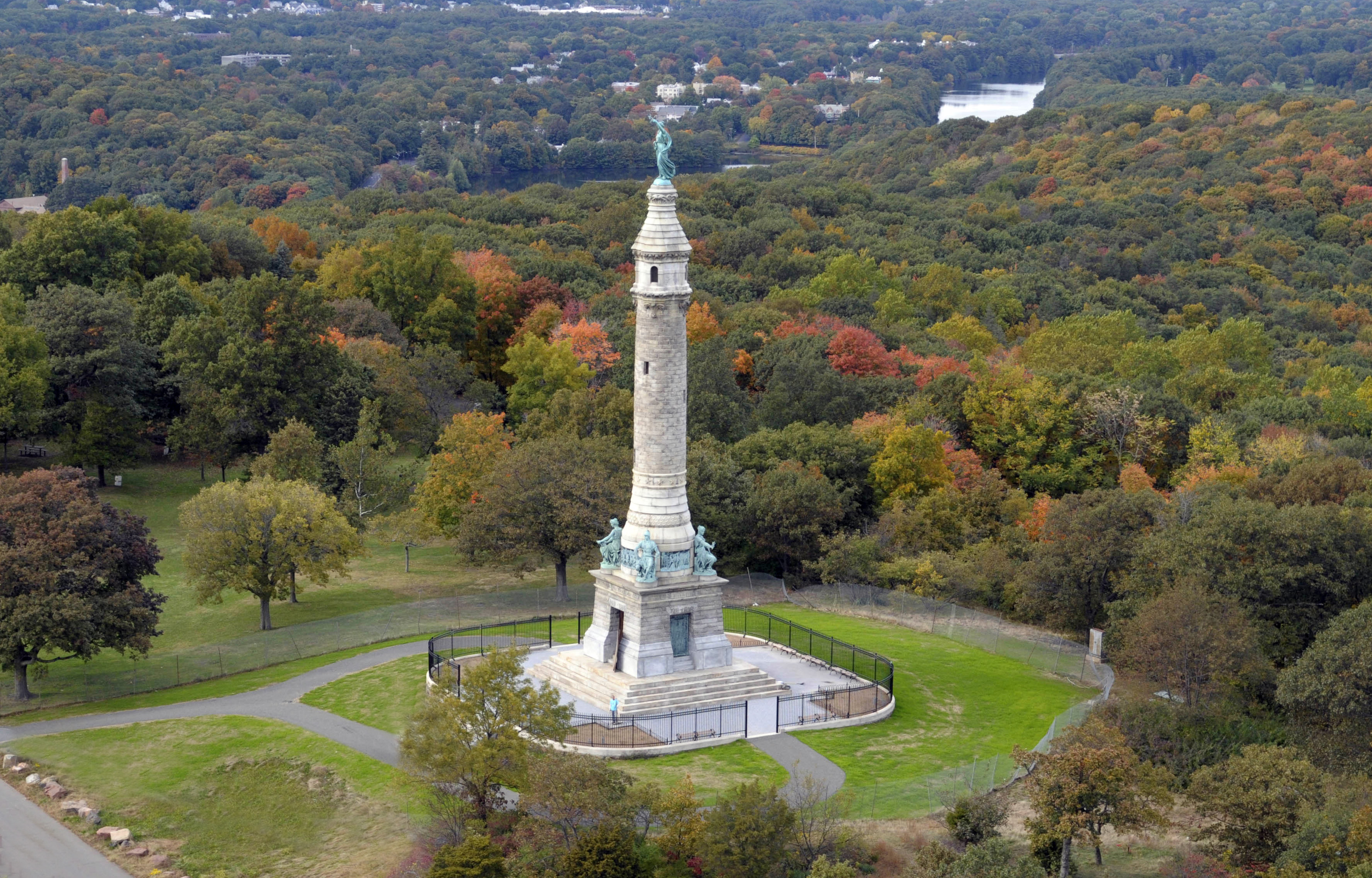 Aerial shot of East Rock Park in Fall